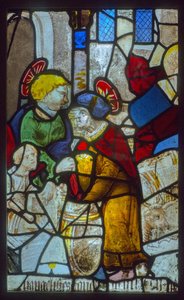Glas-in-loodraam, de evangelisten die de vaten opslaan (thema van de mystieke pers) door French School