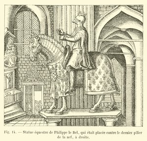 Ruiterstandbeeld van Filips de Schone, dat tegen de laatste pilaar van het schip stond, rechts