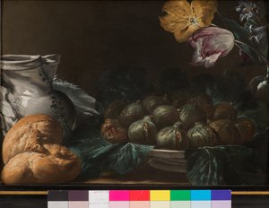 Stilleven met bord vijgen, kruik, bloemen en brood, 1740-50 door French School