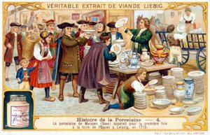 Verhaal van porselein nr. 4: Meissen porselein (Saksen) verscheen voor het eerst op de Paasmarkt in Leipzig in 1710. Liebig chromolithografie door French School