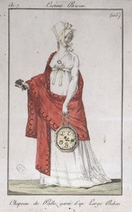 Strohoed met een lint, modeplaat uit Costumes Parisiens, 1799