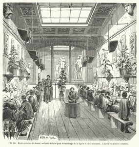 Studenten in een klas in een gratis tekenschool, Frankrijk (gravure)