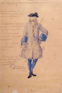 Studie van het uniform van een marinier gestationeerd in Le Havre, 1718