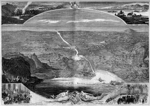 Suezkanaal: panoramisch uitzicht op het gat in de landengte van Suez (Egypte), waarvan de bouw begon in 1859. Gravure door Morin in 