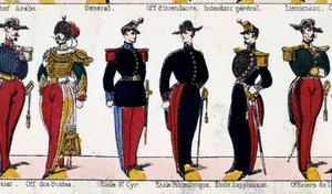 Kostuums voor studenten van de officier van gidsen, de school van Saint Cyr, Polytechnique en de toepassingsschool. Gravure uit de 19e eeuw. Parijs, Musee Carnavalet
