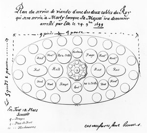 Tafelsetting en menu voor koning Lodewijk XIV tijdens zijn bezoek aan het Kasteel van Marly, 24 oktober 1699