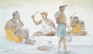 Tahitische doekkloppers, door LF Lejeune uit de Reis van Louis I Duperrey (1822-1825), Polynesië 19e eeuw Aquarel door French School