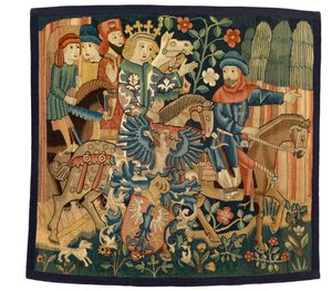 Tapijt met De Koningin van Frankrijk en de Ontrouwe Maarschalk, illustratie van het Middelhoogduitse gedicht 