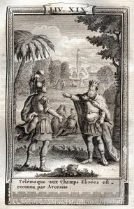 Telemachus in de Champs Elysées wordt herkend door Arcesius - gravure van 1798 naar Monnet in 