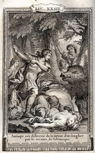 Telemachus bevrijdt Antiope van een wild zwijn - gravure uit 1798 door Monnet in Les Aventures de Telemachus, fils d