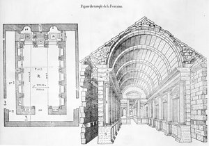 Tempel van de Fontein, illustratie uit Discours historial de lantique et illustre cite de Nismes door Jean Poldo d