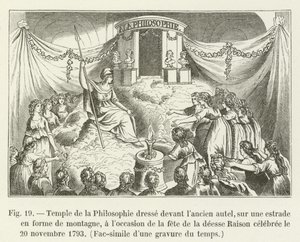Tempel van de Filosofie opgericht voor het oude altaar, op een podium in de vorm van een berg, ter gelegenheid van het feest van de godin Rede gevierd op 20 november 1793, Facsimile van een gravure uit die tijd door French School