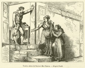 Tedere afscheid van Nuccia aan Meo Patacca (gravure)