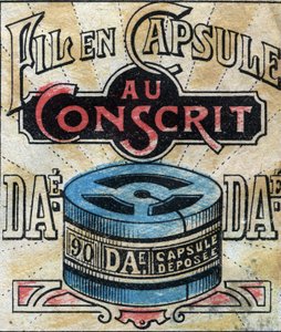 Textiel, linnen. Capsule voor het gebruik van Dae naaigarens. Gravure. Epinal afbeelding eind 19e eeuw.