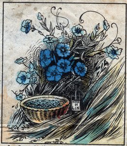 Textiel, linnen. Vlasbloem (blauw), stengel samengesteld uit stro en filamenten om linnen garen te maken. Zaad gebruikt in de geneeskunde en waarvan olie wordt gewonnen voor de industrie. Gravure.