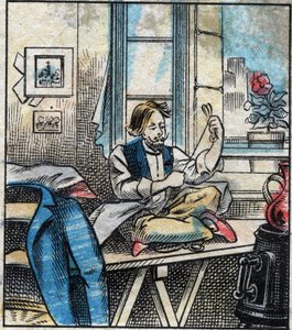 Textiel, linnen. Naaigaren gesneden in strengen. Gravure. Epinal afbeelding eind 19e eeuw.