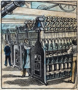Textiel, linnen: de werkplaats. Het transformeren van de linten in boren en vervolgens in draden met behulp van spinmachines. Gravure. Epinal afbeelding eind 19e eeuw.