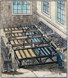Textiel, linnen: werkplaats. Vlas bestaat uit verschillende enkele garens die vervolgens worden geverfd of gebleekt en daarna met bijenwas worden bedekt om het resistent en glad te maken. Gravure. Epinal afbeelding eind 19e eeuw. door French School