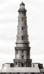 De 17e-eeuwse vuurtoren van Cordouan, nabij de monding van de Gironde-estuarium in Frankrijk, hier te zien na de uitbreiding in de 18e eeuw, uit Les Merveilles de la Science, gepubliceerd ca. 1870 (gravure) door French School