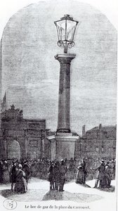 De eerste gaslamp in Parijs op Place du Carrousel in 1818 door French School