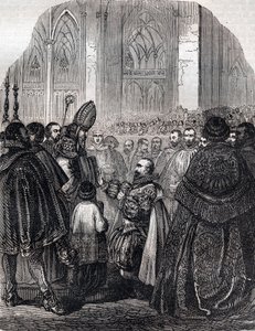 De Afzwering van Hendrik IV, koning van Frankrijk in Saint Denis op 25 juli door French School
