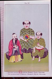 De voorouderlijke goden van de geneeskunde: Hwang-ti, Fuh-hsi met de Tai-ki, Shen-nung proeft een geneeskrachtige plant, illustratie naar populaire Chinese afbeeldingen (kleurgravure) door French School