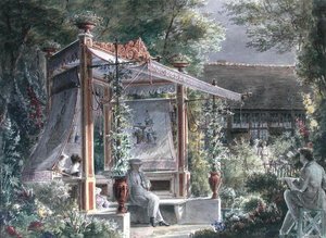 De architect Jacques Ignace Hittorff (1792-1867) in zijn tuin in Parijs door French School