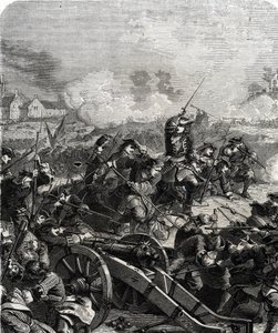 De Slag bij Landen of Neerwinden werd uitgevochten in het huidige België op 29 juli 1693 tijdens de Negenjarige Oorlog (gravure) door French School