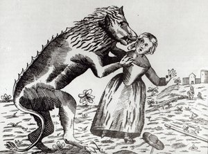 Het Beest van Gevaudan Aanvallend een Jong Meisje door French School