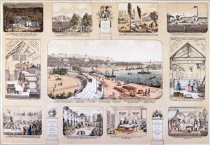 De weldoeners van de mensheid, plaat die grote uitvindingen afbeeldt, tweede helft van de 19e eeuw (kleurgravure)