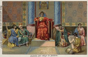 De Byzantijnse Keizer Justinianus I dicteert de Pandecten, 6e eeuw door French School