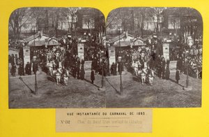Het Carnaval van 1863 in Parijs, de vetoswagen verlaat het slachthuis, stereoscopisch beeld, 1863