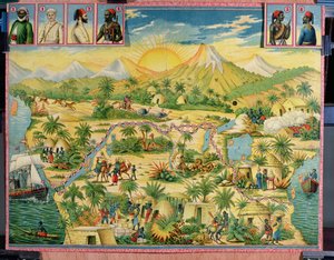 De verovering van Afrika, bordspel gebaseerd op de reizen van Sir Henry Morton Stanley (1841-1904) en David Livingstone (1813-73) (kleurgravure) door French School