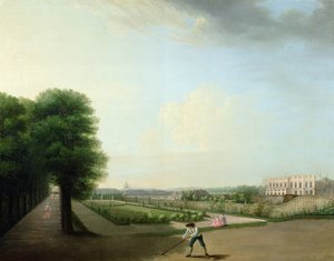 De bouw van Place Louis XV vanuit de tuin van het Hotel de Resnel