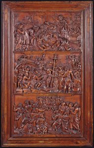 Het Credo, Paneel II: Kruisafneming, Graflegging, Opstanding en Nederdaling in de Hel en Hemelvaart, 1587 (hout)