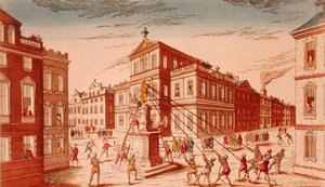 De vernietiging van het koninklijke standbeeld in New York, begin van de Onafhankelijkheidsoorlog door French School