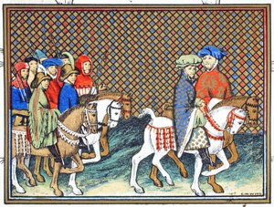 De hertogen van Exeter en Surrey gestuurd door Richard II van Conway Castle naar Chester om te onderhandelen met de hertog van Lancaster, facsimile kopie uit Le Prinse et Mort du Roy Richart door Jean Creton, herdrukt 19e eeuw