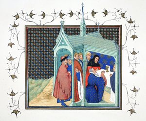 De graaf van Northumberland bij de Hoogmis in de kapel van Conway Castle legt zijn verraderlijke en fatale eed af, facsimile kopie uit Le Prinse et Mort du Roy Richart door Jean Creton, herdrukt 19e eeuw door French School