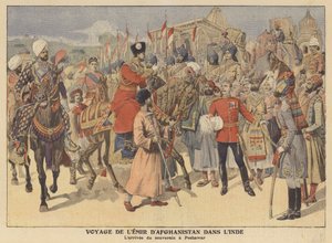 De emir van Afghanistan komt aan in Peshawar op bezoek in India (kleurenlitho)