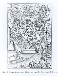 De fee Melusine, uit wiens flanken de genealogische boom van koningen en keizers ontspringt, illustratie uit Wetenschap en Literatuur in de Middeleeuwen en Renaissance, geschreven en gegraveerd door Paul Lacroix door French School