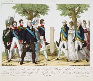 De eerste ontmoeting tussen Lodewijk XVIII en Marie-Caroline-Ferdinande van Bourbon, bij het Kruis van St. Herem in het bos van Fontainebleau, 15 juni 1816