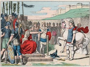 De Gallische chef Vercingetorix (80-46 v.Chr.) gaat naar Julius Caesar (100-44 v.Chr.) in Alesia in 52 v.Chr. - Gravure van het einde van de 19e eeuw in 