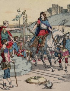 De Gallische leider Vercingetorix (72-46 v.Chr.) geeft zich over aan de Romeinse leider Julius Caesar (100-44 v.Chr.) na de slag bij Alesia in 52 v.Chr.