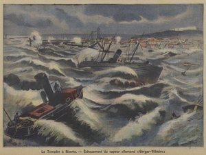De Duitse stoomboot Berger-Wilhelm loopt aan de grond in een storm bij Bizerte, Tunesië door French School