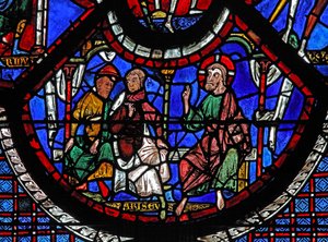 Het raam van de barmhartige Samaritaan: Christus vertelt de gelijkenis van de barmhartige Samaritaan