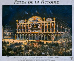 De Grands Magasins du Louvre versierd voor de viering van de overwinning van 1918, 14 juli 1919
