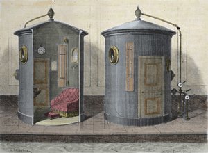 De hyperbare kamer door Paul Bert (1833-1887) fysioloog en Franse politicus. Gravure uit 1855. door French School