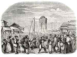 De Onschuldigen marcheren in Parijs met de fontein - Gravure in "Tableau-de-Paris" door Edmond Texier 1852 door French School