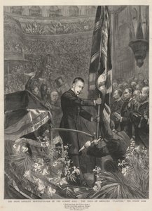 De Ierse loyalistische demonstratie in de Albert Hall, Londen, 1893: de hertog van Abercorn (James Hamilton) plant de Union Jack. door French School