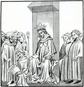 De koning van de Franken dicteert de Salische wet, naar een miniatuur in de Kronieken van St. Denis